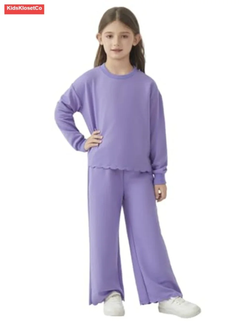 Girls Comfy Scalloped Hem Sweatshirt and Pants Set, French Terry, Big Kid